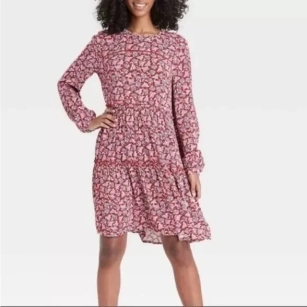 Knox Rose Sweet Chili Red Paisley Print Long Sleeve Tiered Dress Small
